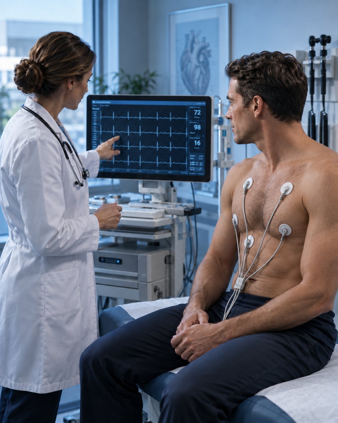 Physician reviewing an ECG with a first responder